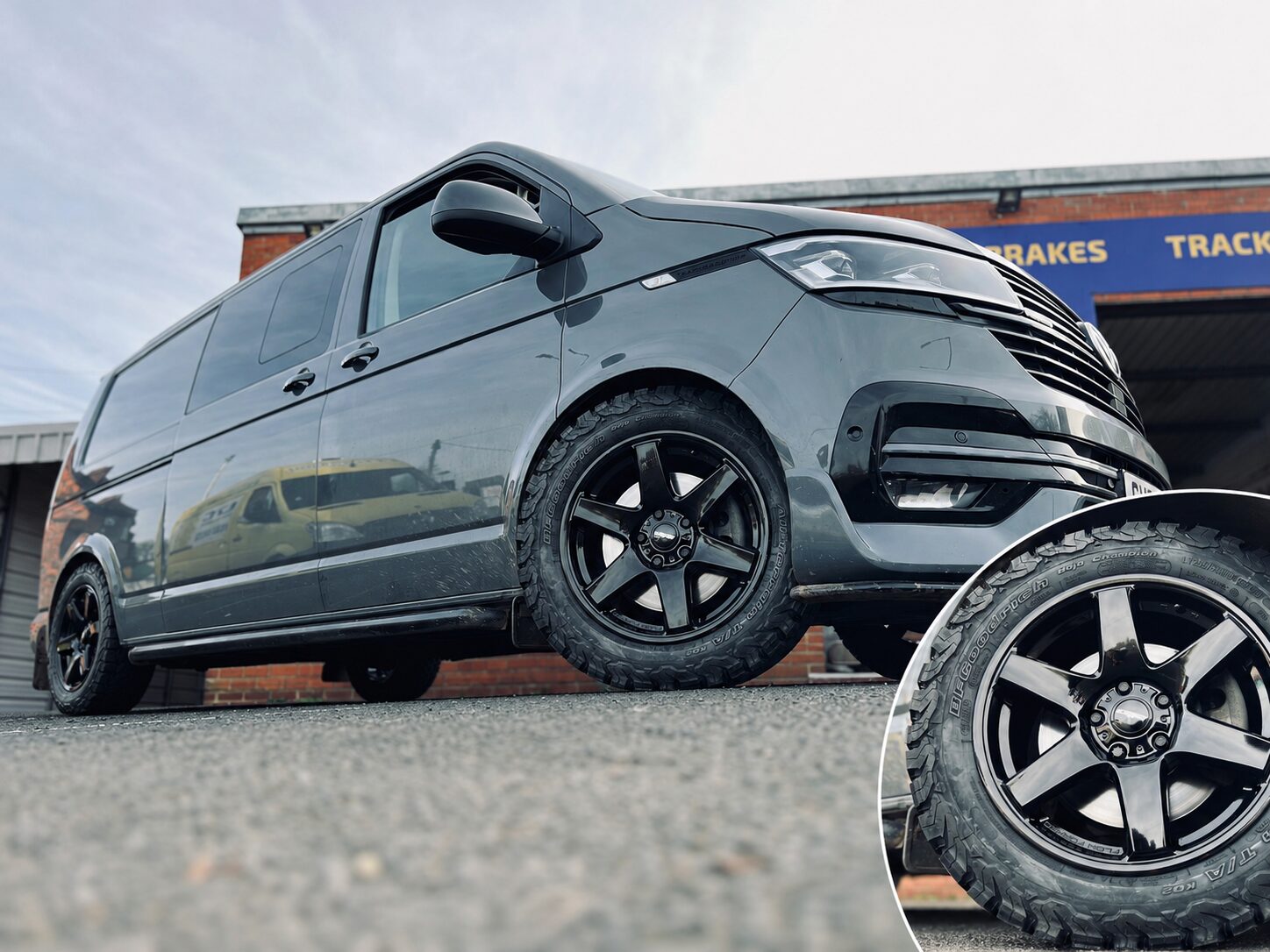 VW T6.1 Transporter with gloss black Swamper style alloy wheels and tyres