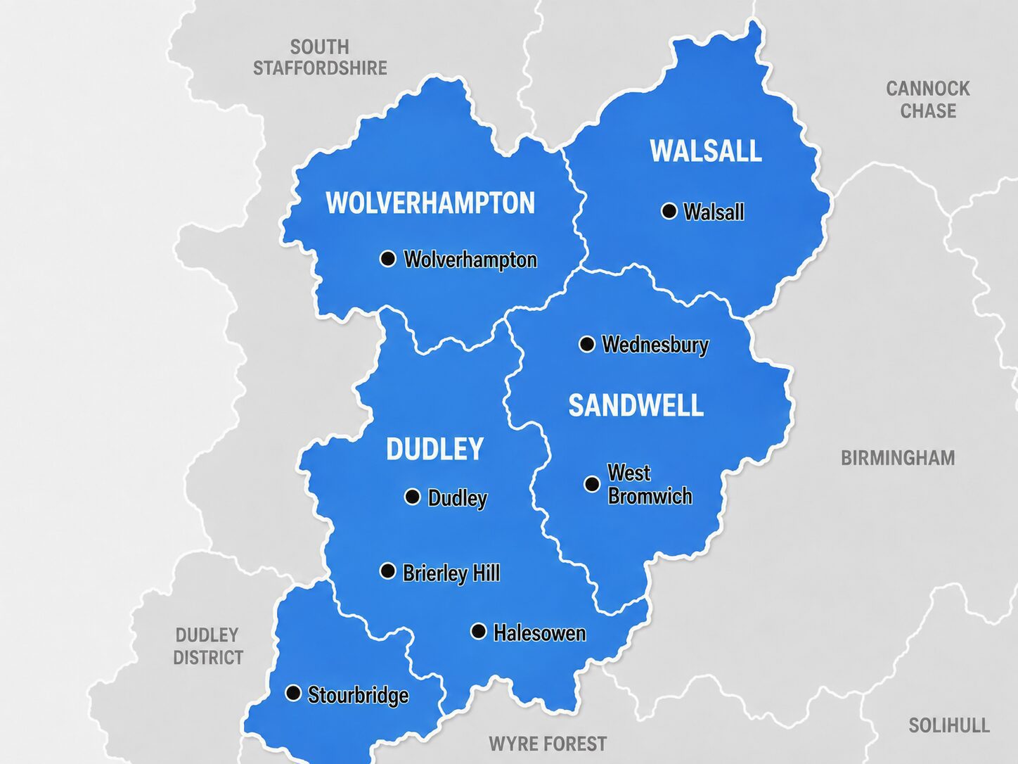 Map showing LTC Tyres and Exhausts wheel alignment service area across the Black Country and surrounding West Midlands