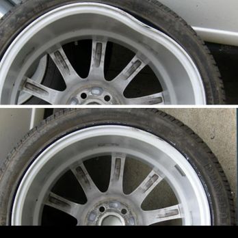 Before and after buckled alloy wheel straightening repair by LTC Tyres and Exhausts