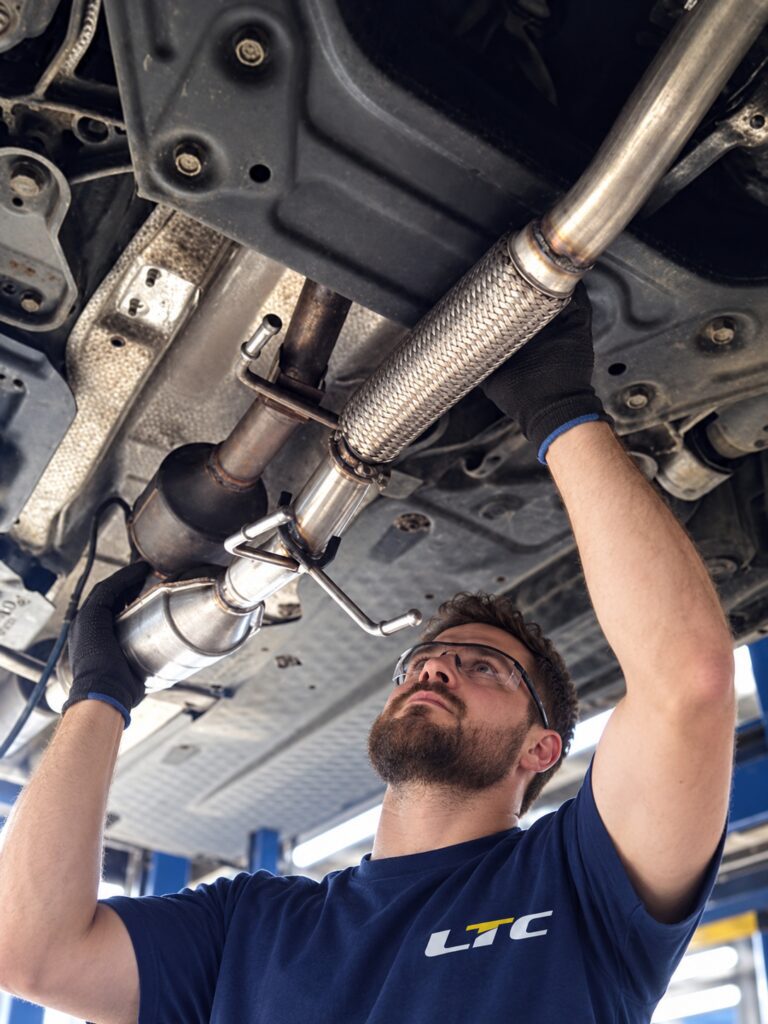 LTC Tyres exhaust fitter installing a new replacement exhaust part