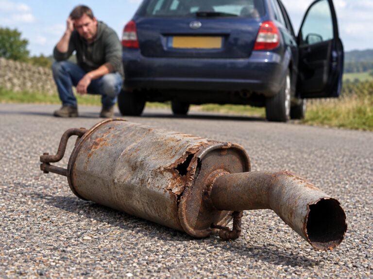 Broken exhaust section fallen from a vehicle requiring exhaust repair or replacement