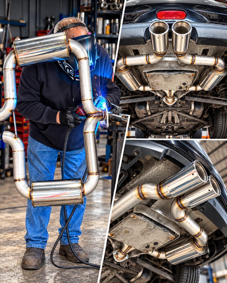 Proflow fabricator welding a bespoke stainless steel exhaust section alongside fitted dual exhausts and polished tailpipes