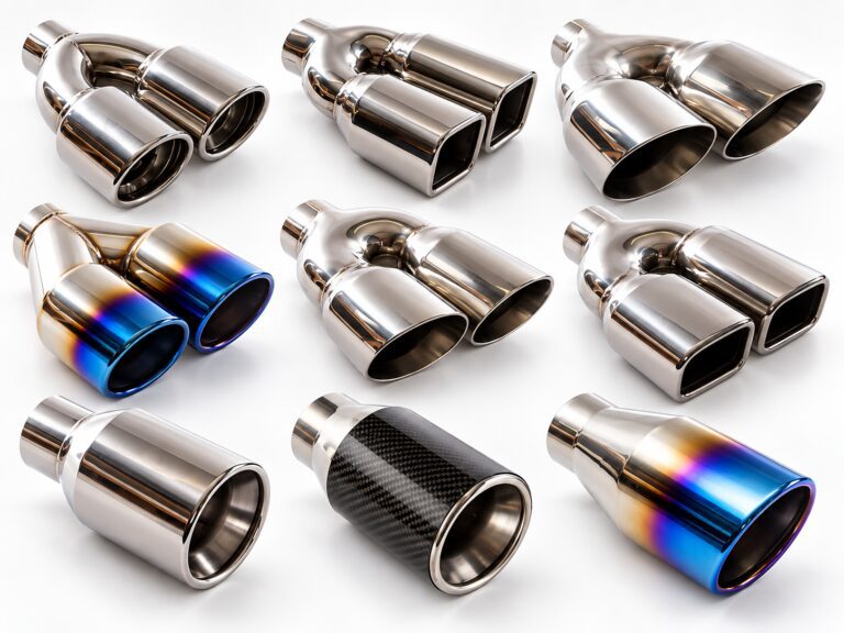 Selection of Proflow exhaust tailpipes in polished, coloured and carbon-look finishes