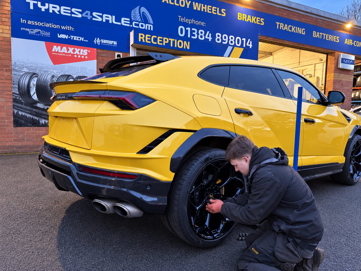 John, LTC Stourbridge branch manager, preparing to fit Pirelli P Zero PZ4 L tyres to a Hagley customer's Lamborghini Urus
