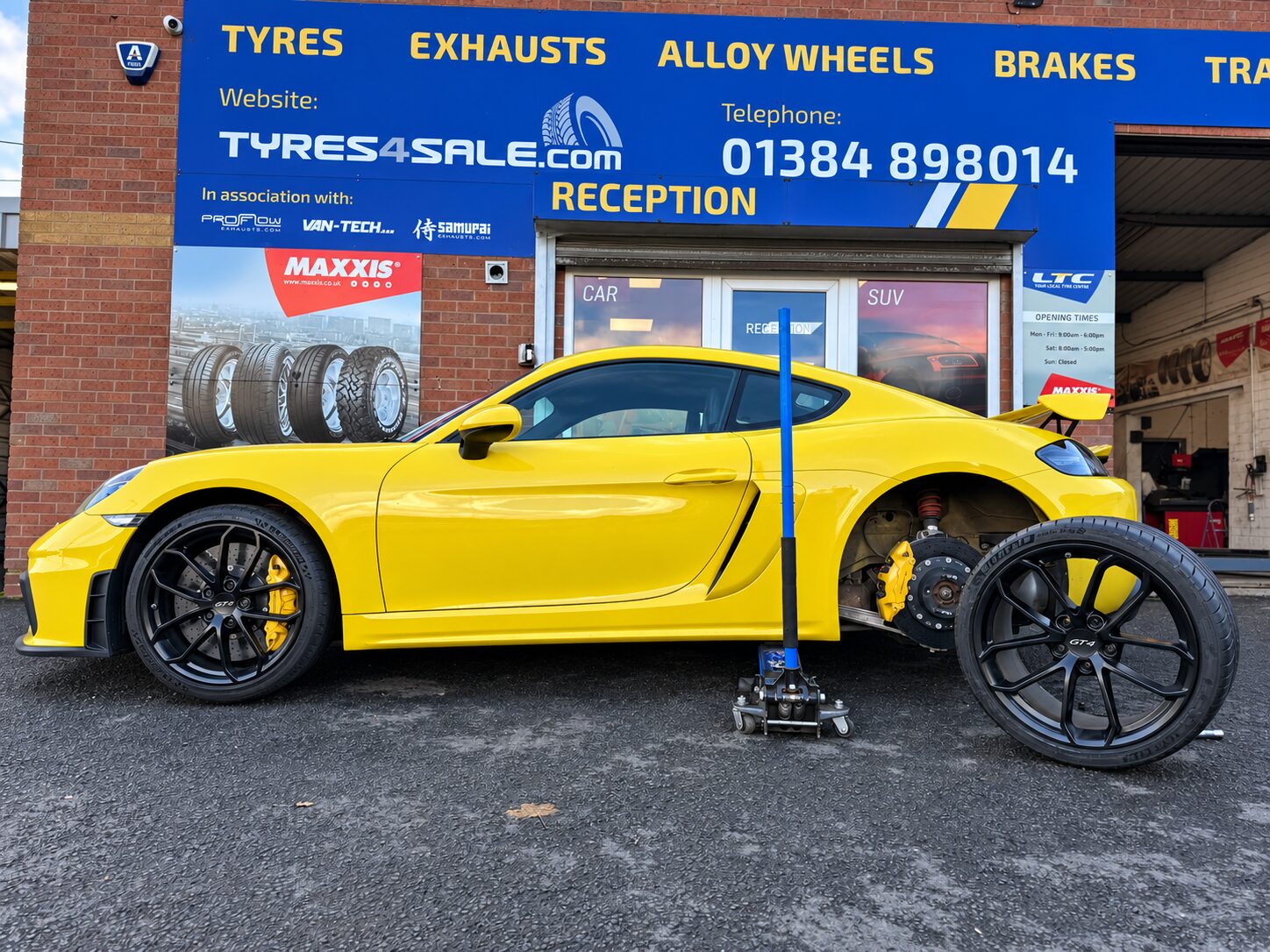 Porsche 911 having tyres fitted at LTC Tyres and Exhausts Stourbridge branch