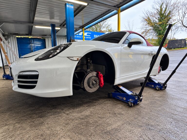 Porsche Boxster with a wheel removed during tyre fitting at LTC Halesowen