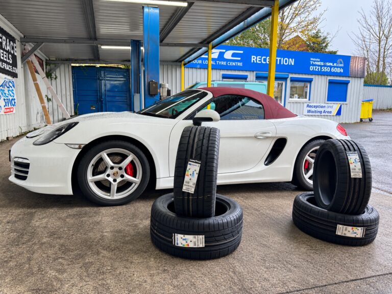 Birmingham customer's Porsche Boxster waiting for Goodyear tyre fitting at LTC Halesowen
